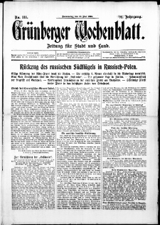 Grünberger Wochenblatt: Zeitung für Stadt und Land, No. 111. ( 13. Mai 1915 )