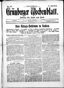 Grünberger Wochenblatt: Zeitung für Stadt und Land, No. 117. ( 21. Mai 1915 )