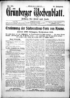 Grünberger Wochenblatt: Zeitung für Stadt und Land, No. 192. ( 18. August 1915 )