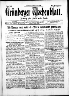 Grünberger Wochenblatt: Zeitung für Stadt und Land, No. 211. ( 9. September 1915 )