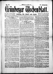 Grünberger Wochenblatt: Zeitung für Stadt und Land, No.84. ( 9. April 1919 )