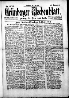 Grünberger Wochenblatt: Zeitung für Stadt und Land, No.101/102. ( 1. Mai 1919 )