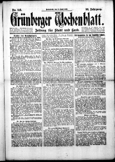 Grünberger Wochenblatt: Zeitung für Stadt und Land, No.143. ( 21. Juni 1919 )