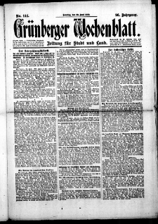 Grünberger Wochenblatt: Zeitung für Stadt und Land, No.144. ( 22. Juni 1919 )