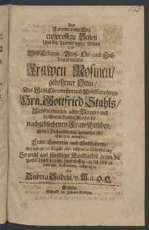 Aus Jammer-vollen Hertz entsprossene Zeilen &uuml;ber den Trauer-vollen Abschied der ... Frauen Rosinen, gebohrner Ottin [...]