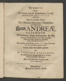 Der treue Josua : das ist Warnung von der Veränderung, so auff den Todt Josuae,... gefolgt ist, über den tödlichen Hintrit des ... Herrn Andreae Hoffmanns, wolverdienten Raths - Verwandten der Königlichen Stadt Kauen, ... als derselbe zur Pestzeit, Anno 1653. ...