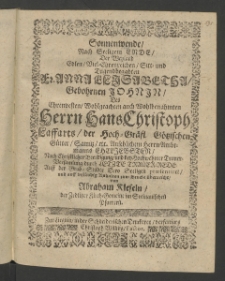 Sonnenwende, nach seeligen Ende, der ... Frauen Anna Elisabetha gebohrnen Johnin, des ... Herrn Hans Christoph Laffarts, der Hoch-Gräfl. Götzischen Gütter, Samitz [...]