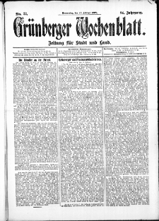 Grünberger Wochenblatt: Zeitung für Stadt und Land, No.22. ( 20. Februar 1908 )