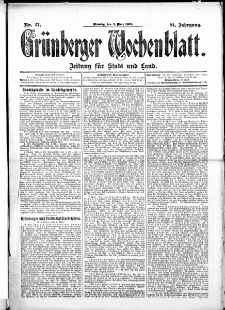 Grünberger Wochenblatt: Zeitung für Stadt und Land, No.27. ( 3. März 1908 )