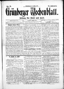 Grünberger Wochenblatt: Zeitung für Stadt und Land, No.32. ( 14. März 1908 )