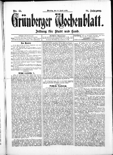 Grünberger Wochenblatt: Zeitung für Stadt und Land, No.45. ( 14. April 1908 )