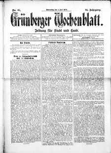 Grünberger Wochenblatt: Zeitung für Stadt und Land, No.67. ( 4. Juni 1908 )