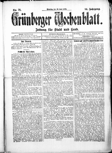 Grünberger Wochenblatt: Zeitung für Stadt und Land, No.72. ( 16. Juni 1908 )