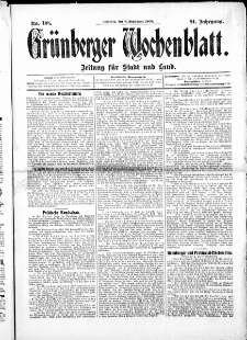 Grünberger Wochenblatt: Zeitung für Stadt und Land, No.108. ( 8. September 1908 )