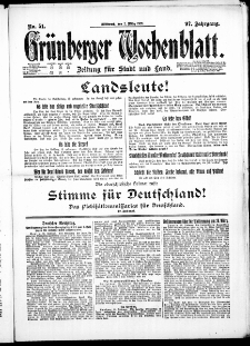 Gr&uuml;nberger Wochenblatt: Zeitung f&uuml;r Stadt und Land, No. 51. ( 2. M&auml;rz 1921 )