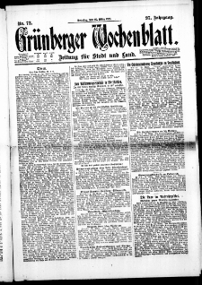 Grünberger Wochenblatt: Zeitung für Stadt und Land, No. 72. ( 27. März 1921 )