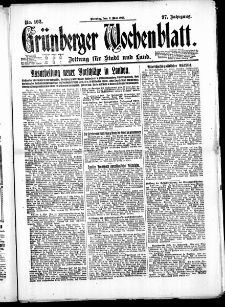 Grünberger Wochenblatt: Zeitung für Stadt und Land, No. 102. ( 3. Mai 1921 )