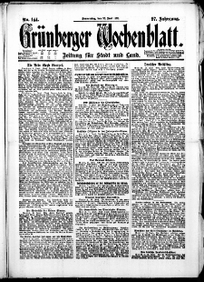 Grünberger Wochenblatt: Zeitung für Stadt und Land, No. 144. ( 23. Juni 1921 )