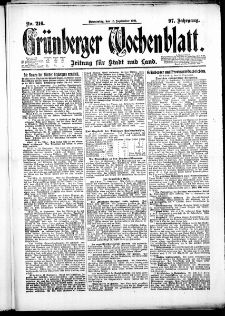Grünberger Wochenblatt: Zeitung für Stadt und Land, No. 216. ( 15. September 1921 )