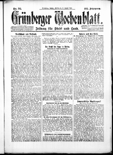 Gr&uuml;nberger Wochenblatt: Zeitung f&uuml;r Stadt und Land, No. 92. ( 21. April 1926 )
