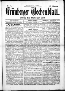 Grünberger Wochenblatt: Zeitung für Stadt und Land, No. 45. (14. April 1910)