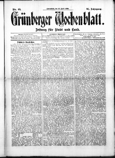 Grünberger Wochenblatt: Zeitung für Stadt und Land, No. 46. (16. April 1910)