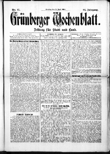 Grünberger Wochenblatt: Zeitung für Stadt und Land, No. 47. (19. April 1910)
