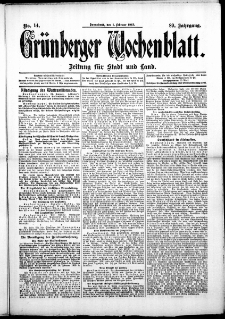 Grünberger Wochenblatt: Zeitung für Stadt und Land, No. 14. (1. Februar 1913)