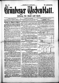 Grünberger Wochenblatt: Zeitung für Stadt und Land, No. 17. (8. Februar 1913)