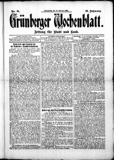Grünberger Wochenblatt: Zeitung für Stadt und Land, No. 20. (15. Februar 1913)