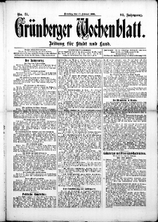 Grünberger Wochenblatt: Zeitung für Stadt und Land, No. 21. (18. Februar 1913)