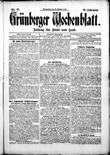 Grünberger Wochenblatt: Zeitung für Stadt und Land, No. 22. (20. Februar 1913)