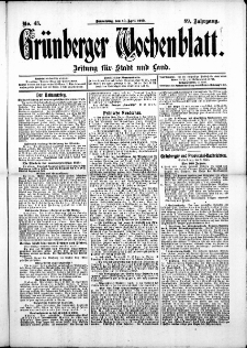 Grünberger Wochenblatt: Zeitung für Stadt und Land, No. 43. (10. April 1913)