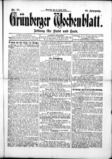 Grünberger Wochenblatt: Zeitung für Stadt und Land, No. 45. (15. April 1913)