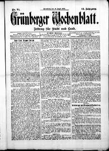 Grünberger Wochenblatt: Zeitung für Stadt und Land, No. 98. (16. August 1913)