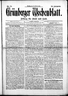 Grünberger Wochenblatt: Zeitung für Stadt und Land, No. 18. (10. Februar 1914)