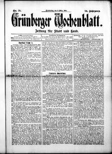 Grünberger Wochenblatt: Zeitung für Stadt und Land, No. 28. (5. März 1914)