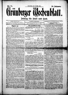 Grünberger Wochenblatt: Zeitung für Stadt und Land, No. 65. (30. Mai 1914)