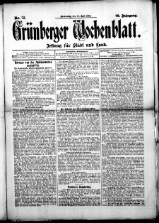 Grünberger Wochenblatt: Zeitung für Stadt und Land, No. 73. (18. Juni 1914)