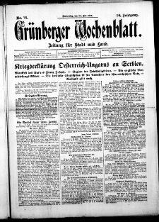 Grünberger Wochenblatt: Zeitung für Stadt und Land, No. 91. (30. Juli 1914)
