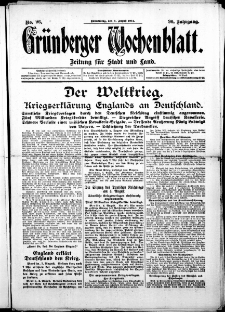 Grünberger Wochenblatt: Zeitung für Stadt und Land, No. 96. (6. August 1914)