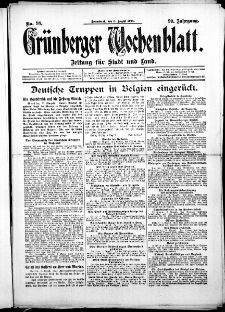 Grünberger Wochenblatt: Zeitung für Stadt und Land, No. 98. (8. August 1914)