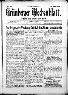 Grünberger Wochenblatt: Zeitung für Stadt und Land, No. 99. (9. August 1914)