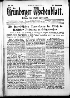 Grünberger Wochenblatt: Zeitung für Stadt und Land, No. 101. (12. August 1914)