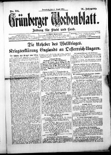 Grünberger Wochenblatt: Zeitung für Stadt und Land, No. 104. (15. August 1914)