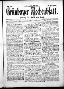 Grünberger Wochenblatt: Zeitung für Stadt und Land, No. 105. (16. August 1914)