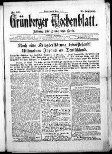 Grünberger Wochenblatt: Zeitung für Stadt und Land, No. 109. (21. August 1914)