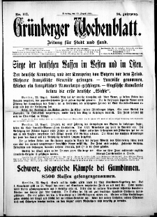 Grünberger Wochenblatt: Zeitung für Stadt und Land, No. 112. (25. August 1914)