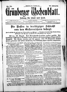 Grünberger Wochenblatt: Zeitung für Stadt und Land, No. 114. (27. August 1914)