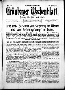 Grünberger Wochenblatt: Zeitung für Stadt und Land, No. 122. (5. September 1914)